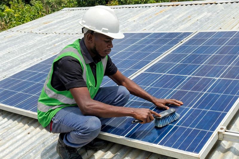 Solar installers working on a rooftop photovoltaic array